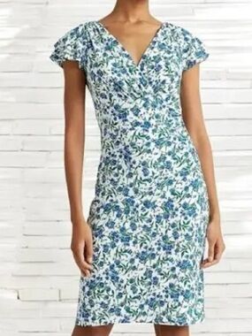 LAUREN Ralph Lauren White Blue Green Floral V Neck Dress Sz 12